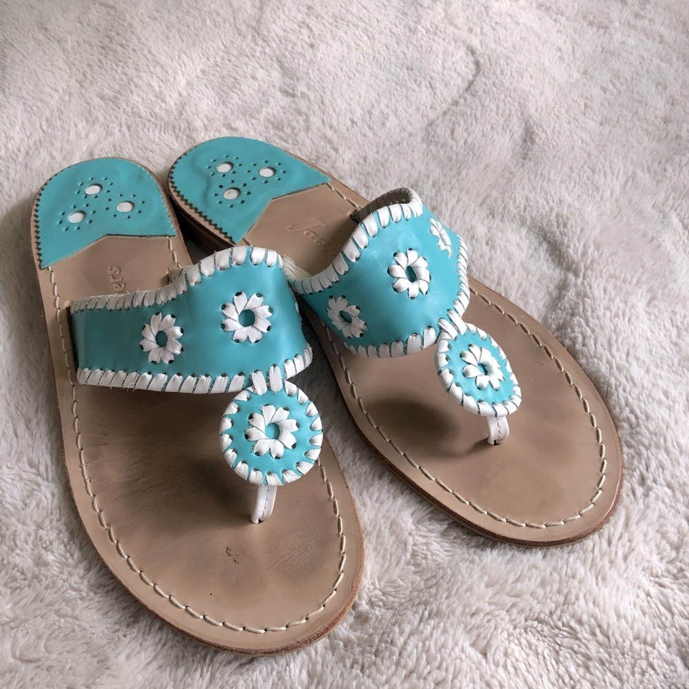 Jack Rogers teal and white sandals